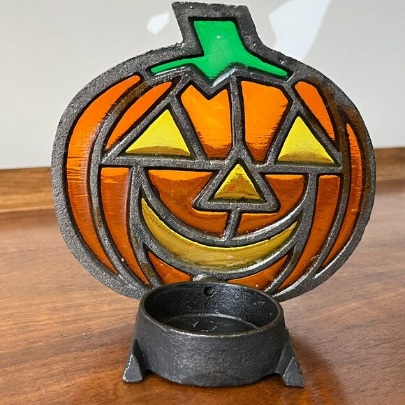 Vintage Jack-O-Lantern Tea Light Holder | Stained Glass & Cast-Iron Halloween - Picture 5 of 10